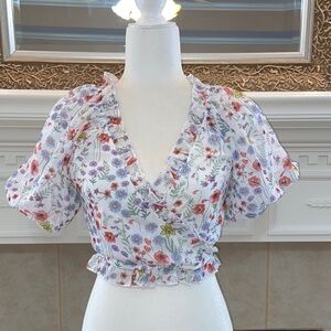 NWT 70F/21C V-Neck Bubble Short Sleeve Multicolor Top